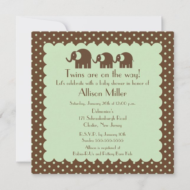 Invitación Mamá y gemelos elefante Baby Shower (Anverso)