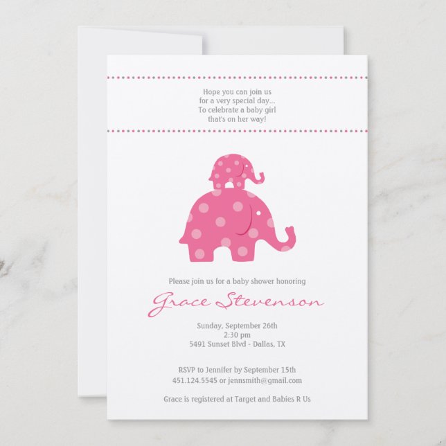 Invitación Mamá y niña elefante invitan a Baby Shower (Anverso)