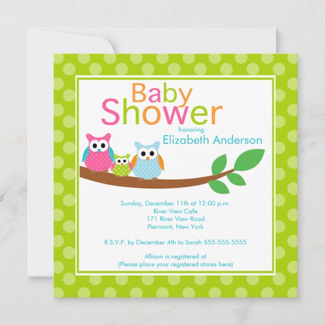 Invitación Mamá y papá con Baby Shower neutro de búho (Anverso)