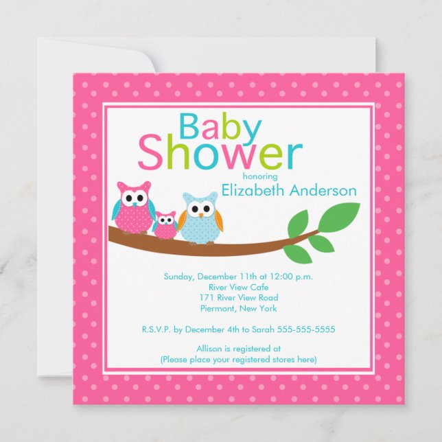 Invitación Mamá y papa lechuzas con Chica de Lechuza Nena Bab (Anverso)