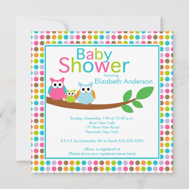 Invitación Mamá y papas búhos con Baby Shower de búho (Anverso)