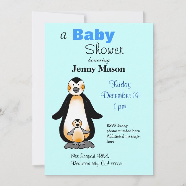 Invitación Mamá y pingüino bebé, ducha de bebé (Anverso)