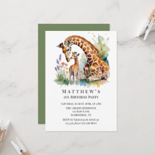 Invitación Mamá y Yo Jirafa Acuarela Fiesta de Cumpleaños núm