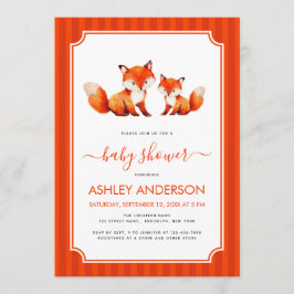 Invitación Mamá zorra y baby shower Acuarela y rayas rojas