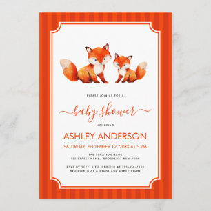 Invitación Mamá zorra y baby shower Acuarela y rayas rojas