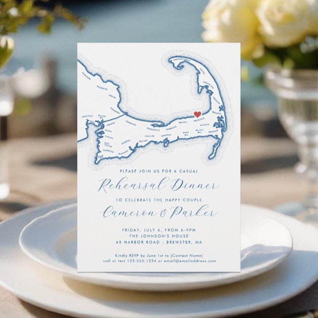 Invitación Mamáes de Brewster Cena Boda Casual Ensayo (Brewster MA Casual Cape Cod Wedding Rehearsal Dinner Invitation in Navy Blue from Coastal Map Design)