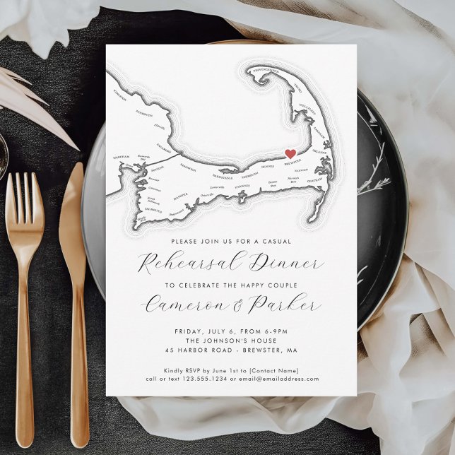 Invitación Mamáes de Brewster Cena Boda Casual Ensayo (Brewster MA Casual Wedding Rehearsal Dinner Invitation in Black and White from Coastal Map Designs)
