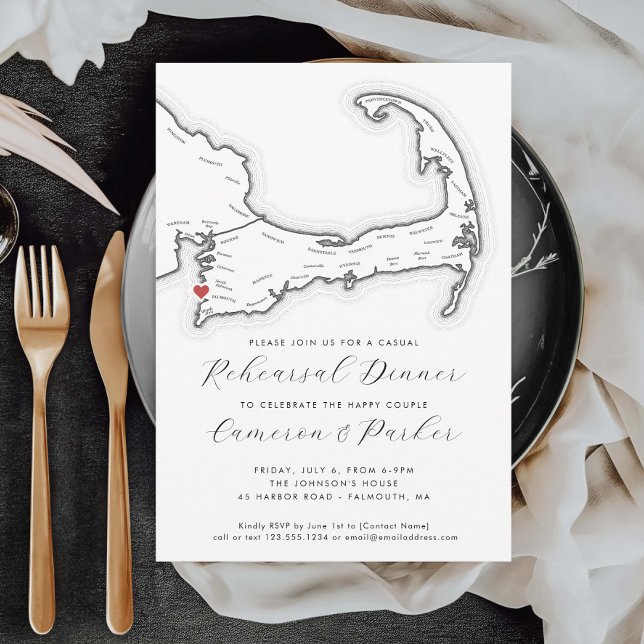 Invitación Mamáes de Falmouth Boda Casual Ensayo Cena (Falmouth MA Casual Wedding Rehearsal Dinner Invitation in Black and White from Coastal Map Designs)