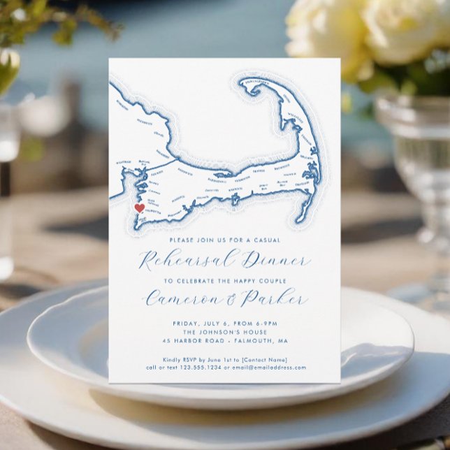 Invitación Mamáes de Falmouth Boda Casual Ensayo Cena (Falmouth MA Casual Cape Cod Wedding Rehearsal Dinner Invitation in Navy Blue from Coastal Map Design)