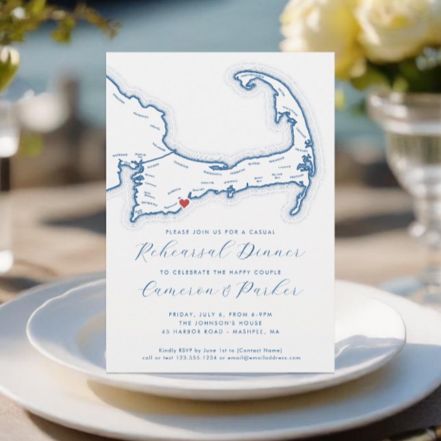 Invitación Mamáes de mashpee Boda casual Ensayo Cena (Mashpee MA Casual Cape Cod Wedding Rehearsal Dinner Invitation in Navy Blue from Coastal Map Designs)