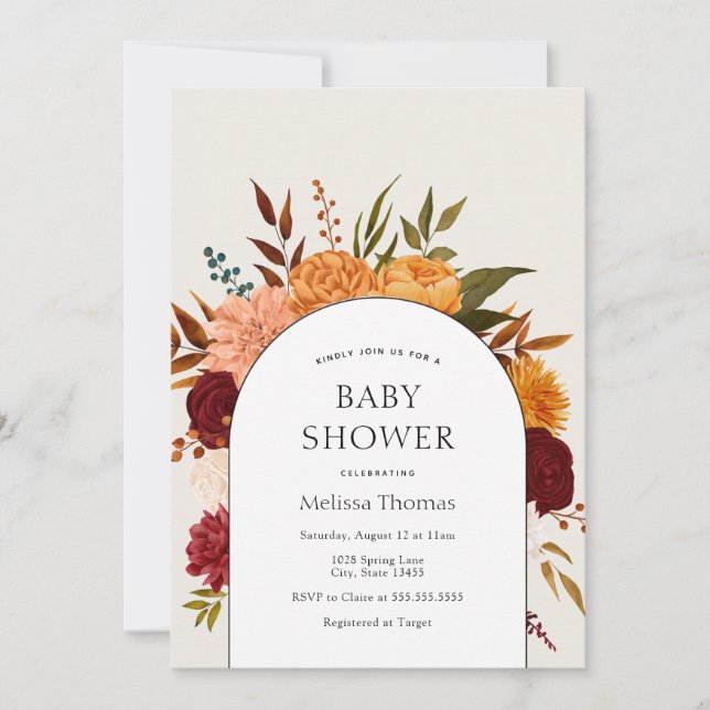 Invitación Mamáes Fall Florals y el Arco Marigold Baby Shower (Anverso)