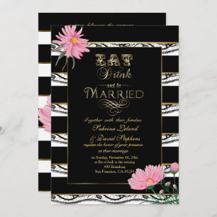 Invitación Mamáes rosadas boda Bandas blancas de encaje negro
