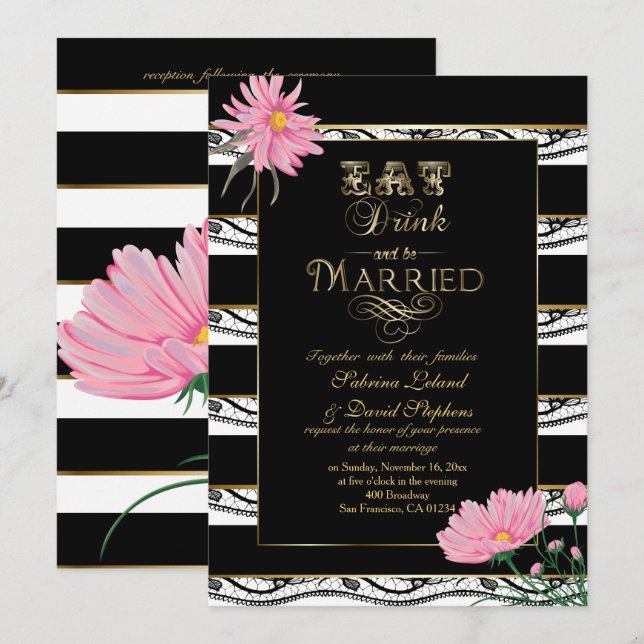 Invitación Mamáes rosadas boda Bandas blancas de encaje negro (Anverso / Reverso)