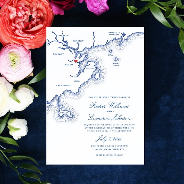 Invitación Mamáes Salem Mapa de la costa norte Elegante Boda  (Salem MA Map Wedding invitation in elegant navy blue for a Peabody Essex Museum wedding)