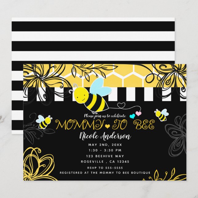 Invitación Mami de Baby Shower negra y amarilla para la BEE (Anverso / Reverso)