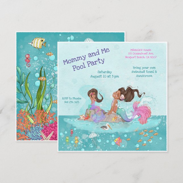 Invitación Mami & Me Pool Sirenas de color turquesa (Anverso / Reverso)