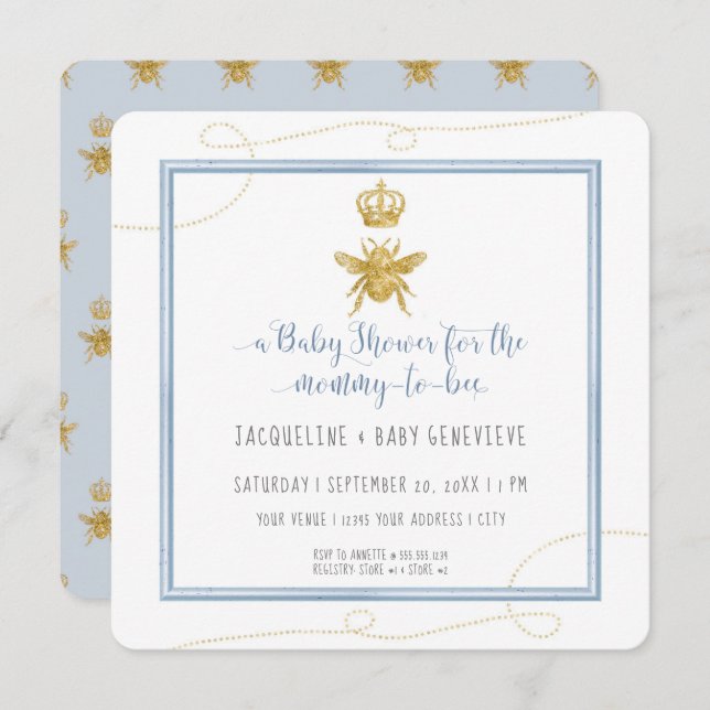 Invitación Mami to bebe Purpurina de oro Blue Boy Baby Shower (Anverso / Reverso)