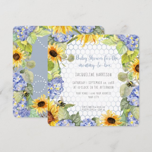 Invitación Mami to Bee Bumblebee Sunflower Blue Hydrangea (Anverso / Reverso)