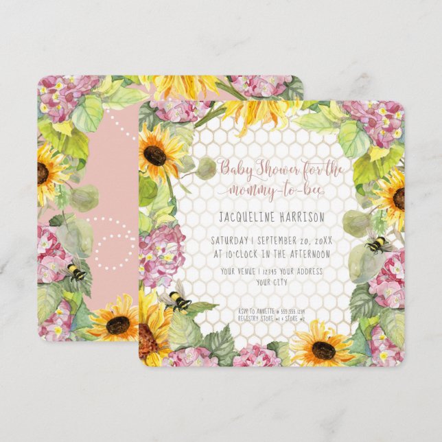 Invitación Mami to Bee Bumblebee Sunflower Pink Hydrangeas (Anverso / Reverso)