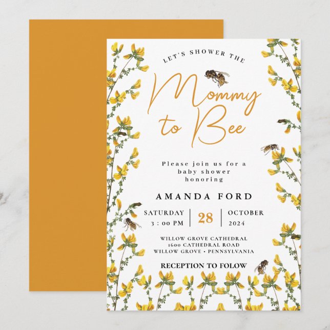 Invitación Mami to Bee flor silvestre amarillo floral Baby Sh (Anverso / Reverso)