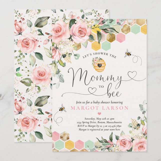 Invitación Mami To Bee Green Pink & Gold Bee Baby Shower (Anverso / Reverso)