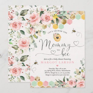 Invitación Mami To Bee Green Pink & Gold Bee Baby Shower