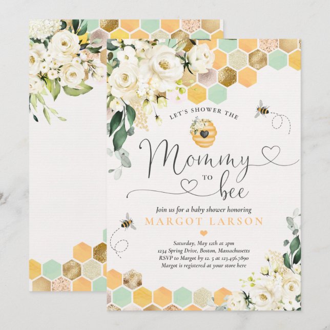 Invitación Mami To Bee Greenery White Floral Bee Baby Shower (Anverso / Reverso)