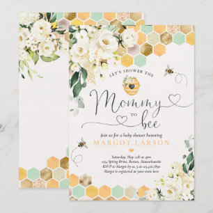 Invitación Mami To Bee Greenery White Floral Bee Baby Shower