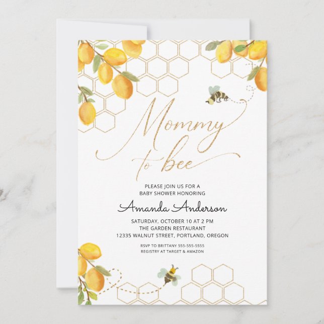 Invitación Mami To Bee Lemons Purpurina Honeycomb Baby Shower (Anverso)