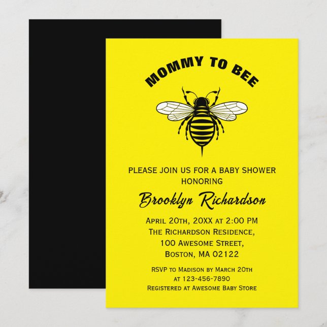 Invitación Mami To Bee Yellow Black Guay Elegante Baby Shower (Anverso / Reverso)