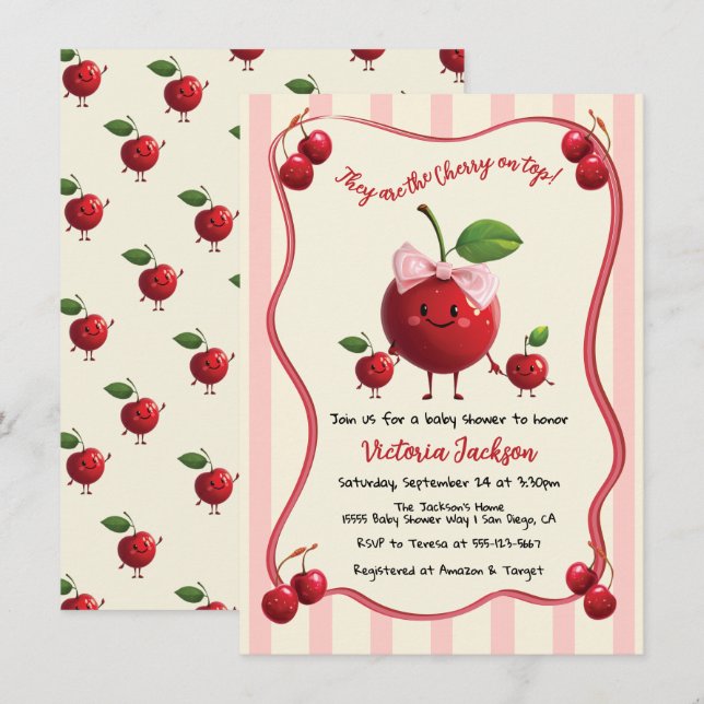 Invitación Mami y gemelos Baby Cherry Baby Shower (Anverso / Reverso)