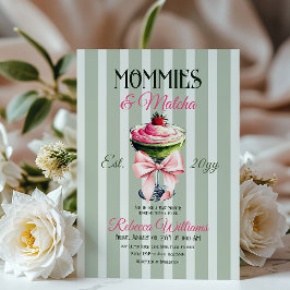 Invitación Mamis y Matcha Fresas Rosadas Bow Baby Shower