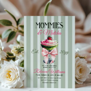 Invitación Mamis y Matcha Fresas Rosadas Bow Baby Shower