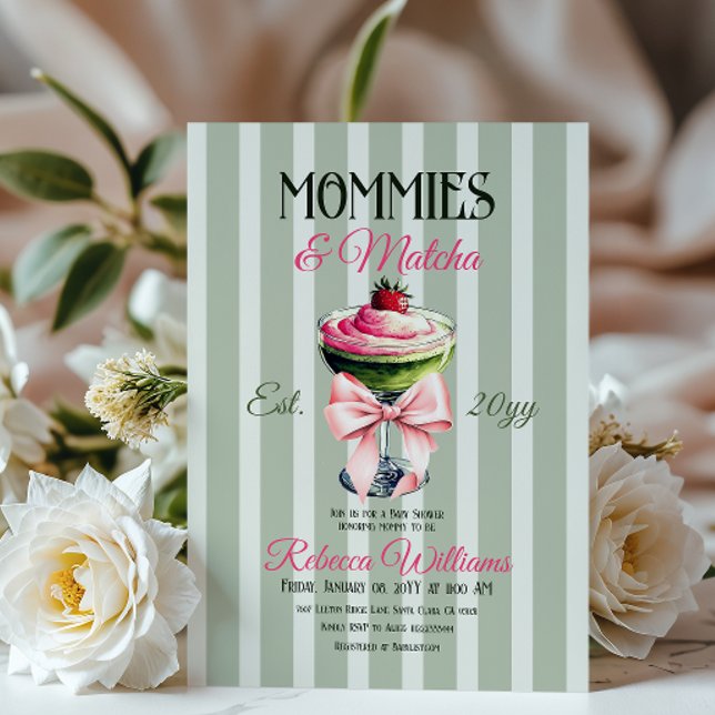 Invitación Mamis y Matcha Fresas Rosadas Bow Baby Shower (Subido por el creador)