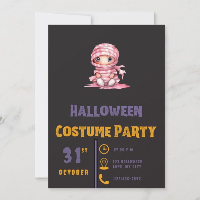 Invitación Mamita negra rayada rosa y blanca Halloween (Anverso)
