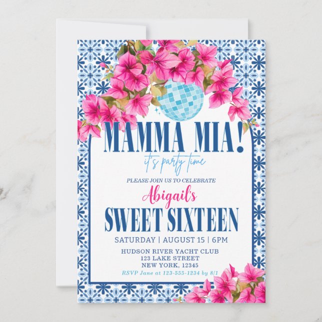 Invitación ¡Mamma Mia! Cumpleaños Dulces 16 (Anverso)