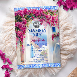 Invitación Mamma Mia Greek Island Pink Flowers Disco Birthday