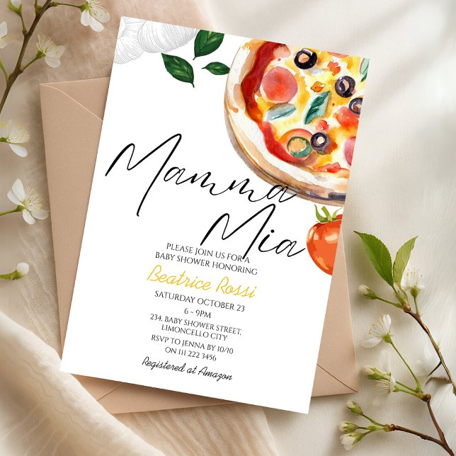 Invitación ¡Mamma Mia italiana con acuarela! Pizza Baby Showe (Watercolor Italian Mamma Mia Pizza Baby Shower Invitation)