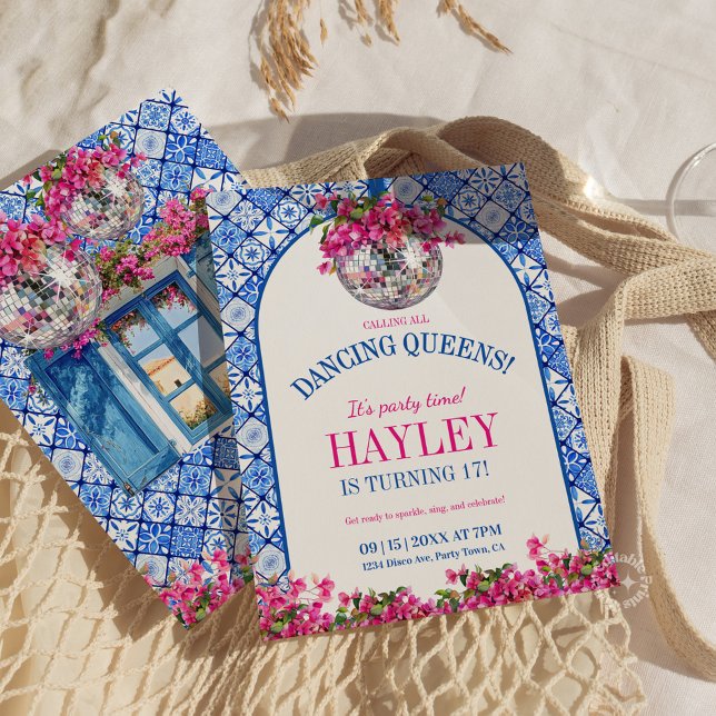 Invitación Mamma Mia Mediterranean Dancing Queen Birthday (Mamma Mia Mediterranean Dancing Queen 17 Birthday Invitation)
