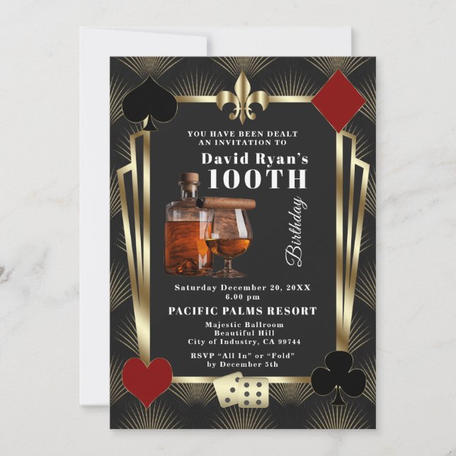 Invitación Man Casino Cognac And Cigar 100th Birthday Party  (Anverso)