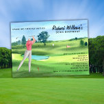 Invitación Man Golf Player Swinging Fifties 50th Birthday<br><div class="desc">Celebrate the big 5-0 with this fun and stylish golf-themed 50th birthday invitation. The design features a beautiful watercolor illustration of a golf course with a golfer in mid-swing, playfully putting toward the number 50. The humorous quote “Swinging Into My Fifties” appears in an elegant script font, while the party...</div>