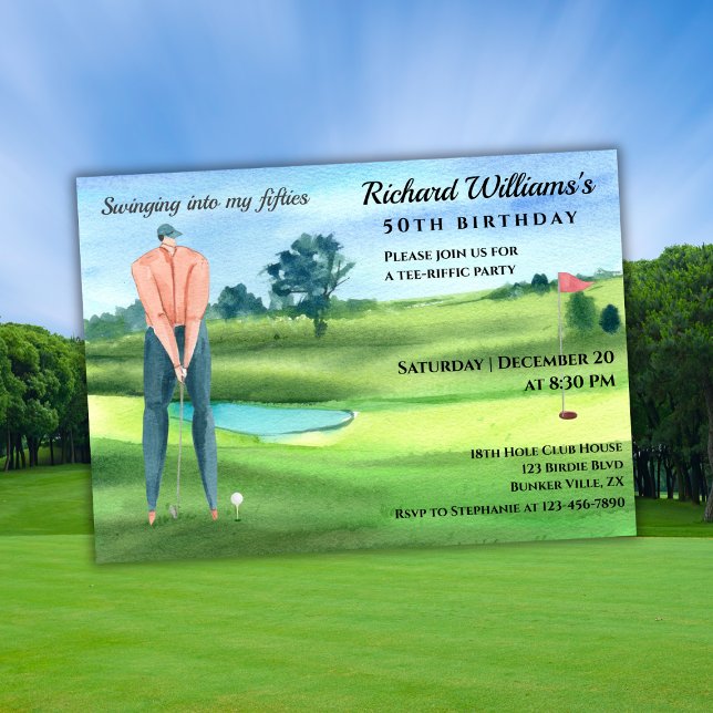 Invitación Man Golf Player Swinging Into My 50th Birthday (Subido por el creador)