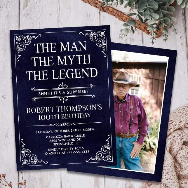 Invitación Man Myth Legend Blue Surprise 100 Birthday Photo (Subido por el creador)