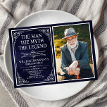 Invitación Man Myth Legend Blue Surprise 80th Birthday Photo<br><div class="desc">¡Es El Hombre El Mito La LEYENDA! Su vida ha sido una aventura asombrosa y es momento de celebrar su legado y a él. Esta textura de papel azul marino con una invitación de tipo blanco y una sorpresa en la esquina de enrollado blanco 80th Birthday con la foto del...</div>