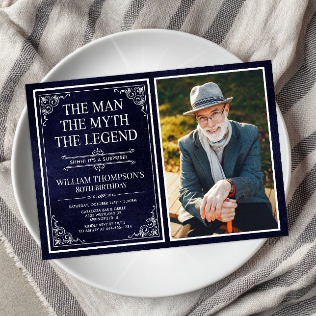 Invitación Man Myth Legend Blue Surprise 80th Birthday Photo (Subido por el creador)
