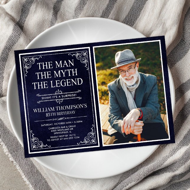 Invitación Man Myth Legend Blue Surprise 85th Birthday Photo (Subido por el creador)