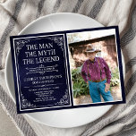 Invitación Man Myth Legend Blue Surprise 90th Birthday Photo<br><div class="desc">¡Es El Hombre El Mito La LEYENDA! Su vida ha sido una aventura asombrosa y es momento de celebrar su legado y a él. Esta textura de papel azul marino con una invitación de tipo blanco y la sorpresa de la esquina de los enrollados blancos 90 cumpleaños con la foto...</div>