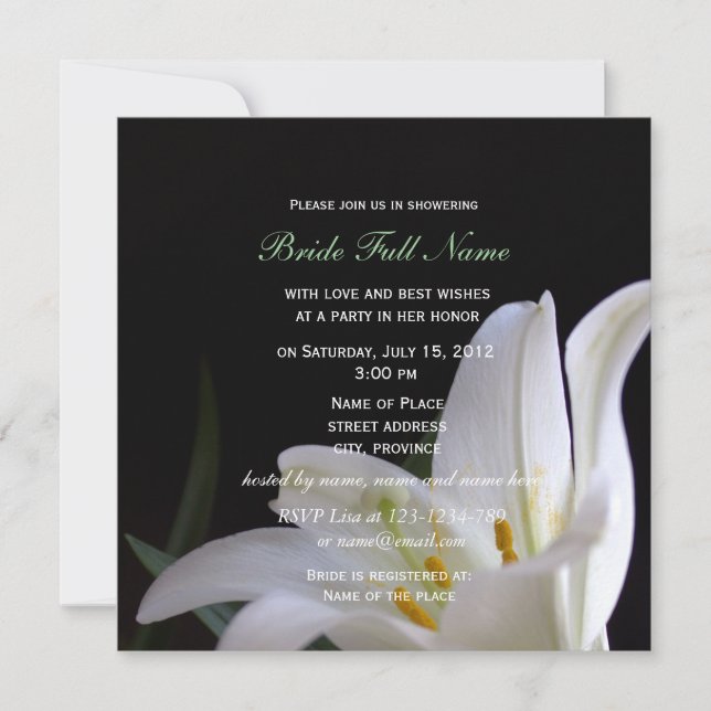 Invitación manantial de lirios blancos, verano, ducha de novi (Anverso)