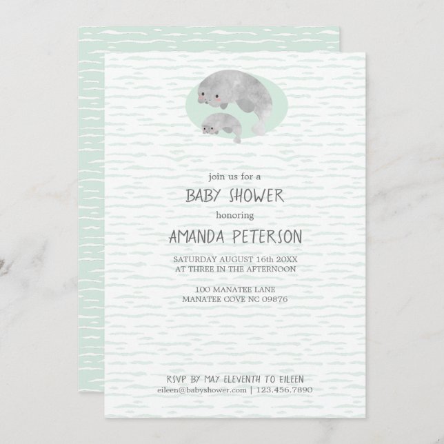Invitación Manatee con baño y bebé con Baby Shower con olas (Anverso / Reverso)