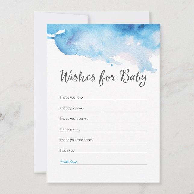Invitación Mancha azul de color agua salpicada Deseos de Baby (Anverso)